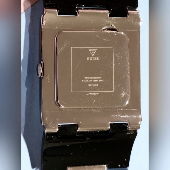 Square Face Guess Watch Black and Silver Fleur de lis Pattern - Picture 2 of 6